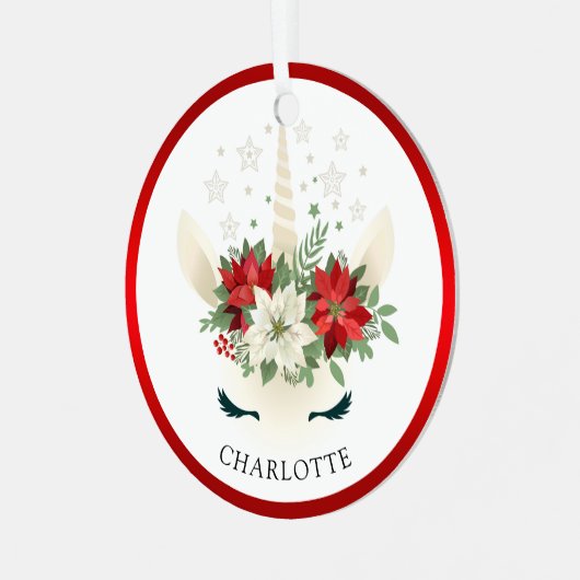キュートクリスマスフローラユニコーンホリデーパーソナライズされた メタルオーナメント (正面左)