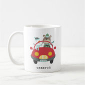 キュートクリスマスベア雪だるまレッドカー名前をカスタムする コーヒーマグカップ (左)