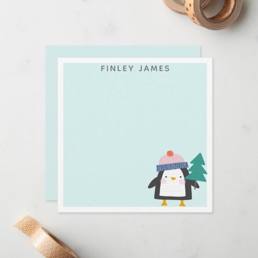 キュートクリスマスペンギンティール（緑がかった色）パーソナライズされたミント ノートカード (正面/裏面インサイチュ)