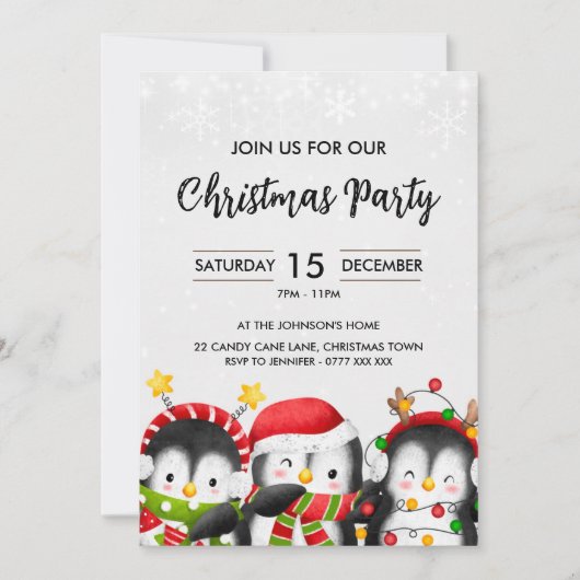 キュートクリスマスペンギンパーティの招待状 招待状 (正面)