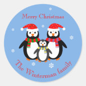 キュートクリスマスペンギン編集可能文字ブルー ラウンドシール (正面)