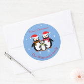 キュートクリスマスペンギン編集可能文字ブルー ラウンドシール (封筒)