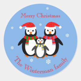 キュートクリスマスペンギン編集可能文字ブルー ラウンドシール
