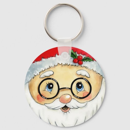 キュートクリスマスホリデーウォーターカラーサンタ顔 キーホルダー (正面)