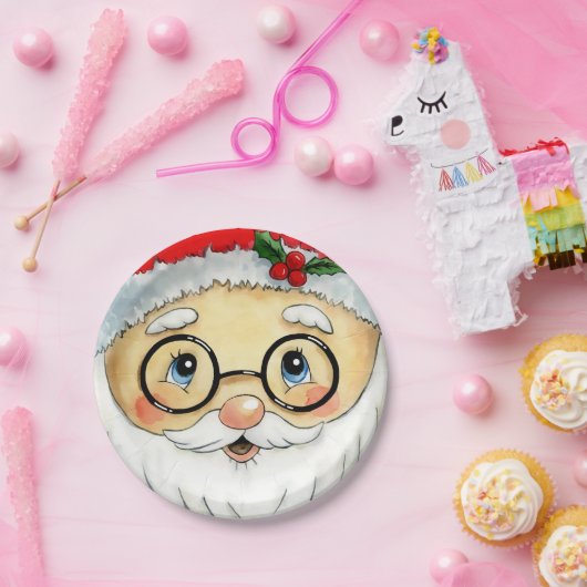 キュートクリスマスホリデーウォーターカラーサンタ顔 ペーパープレート (パーティー)