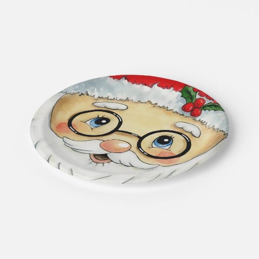 キュートクリスマスホリデーウォーターカラーサンタ顔 ペーパープレート (アングル)