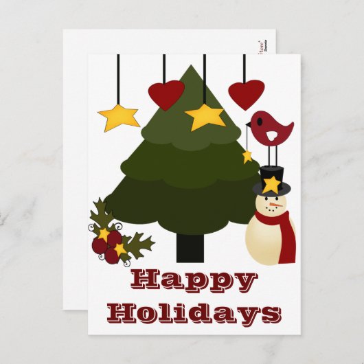 キュートクリスマスホリデーズツリー雪だるまスターズバード シーズンポストカード (正面/裏面)