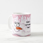 キュートクリスマスメルティング雪だるま顔ピンク名 コーヒーマグカップ (正面左)