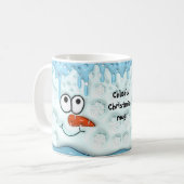 キュートクリスマスメルティング雪だるま顔ブルーネーム コーヒーマグカップ (正面左)