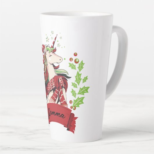 キュートクリスマスユニコーン名前をカスタムする カフェラテマグ (右アングル)