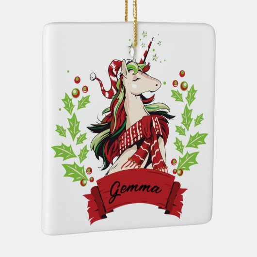 キュートクリスマスユニコーン名前をカスタムする セラミックオーナメント (右)