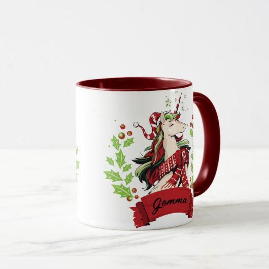 キュートクリスマスユニコーン名前をカスタムする マグカップ (正面右)