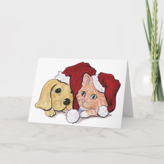 キュートクリスマスラブラドール子犬とオレンジ虎猫 シーズンカード (正面)