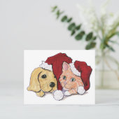 キュートクリスマスラブラドール子犬とオレンジ虎猫 シーズンポストカード (スタンド正面)