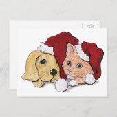 キュートクリスマスラブラドール子犬とオレンジ虎猫 シーズンポストカード (正面/裏面)