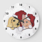 キュートクリスマスラブラドール子犬とオレンジ虎猫 ラージ壁時計 (正面)