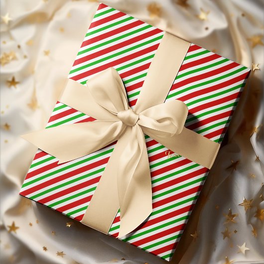 キュートクリスマスレッドグリーン白ストライプ金ゴールド文字 ラッピングペーパー