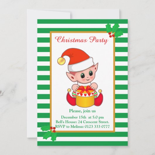 キュートクリスマス小妖精や小人オングリーンホワイトパーティの招待状 招待状 (正面)