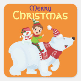キュートクリスマス小妖精や小人ホッキョクグマ雪だるま スクエアシール