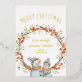 キュートクリスマス雪だるまウィンターベリーリース金ゴールド 箔シーズンカード (正面)