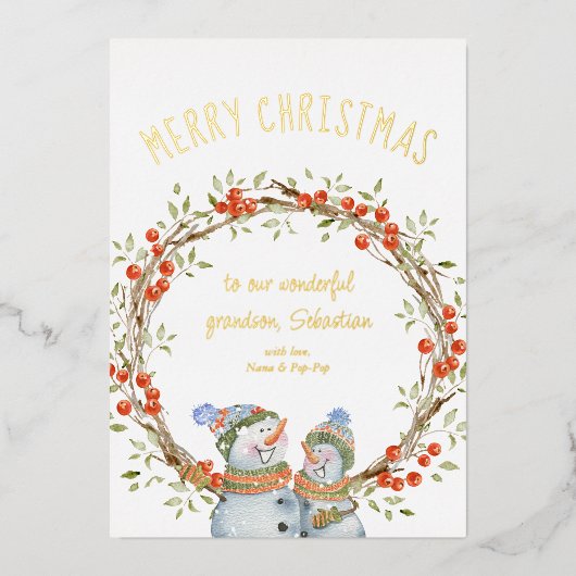 キュートクリスマス雪だるまウィンターベリーリース金ゴールド 箔シーズンカード (正面)