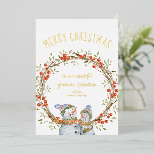 キュートクリスマス雪だるまウィンターベリーリース金ゴールド 箔シーズンカード (立ち正面)