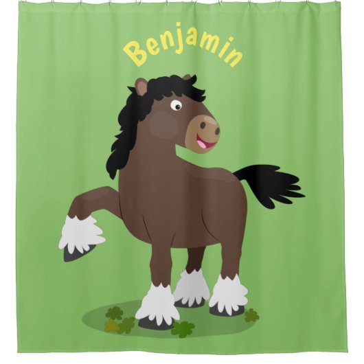 キュートクレイデール荷車を引く馬の漫画イラストレーション シャワーカーテン (正面)