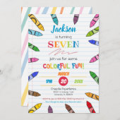 キュートクレヨンアートカラフル紙パーティー7th誕生日 招待状 (正面/裏面)