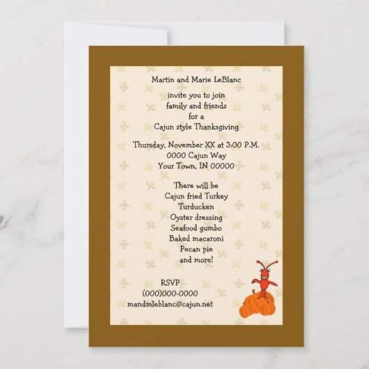 キュートクロフィッシュアンドリゲーターケージャン感謝祭 招待状 (裏面)