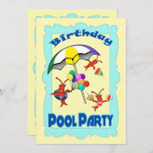 キュートクロフィッシュロブスタープールパーティーチャイルドブルー 招待状 (正面/裏面)