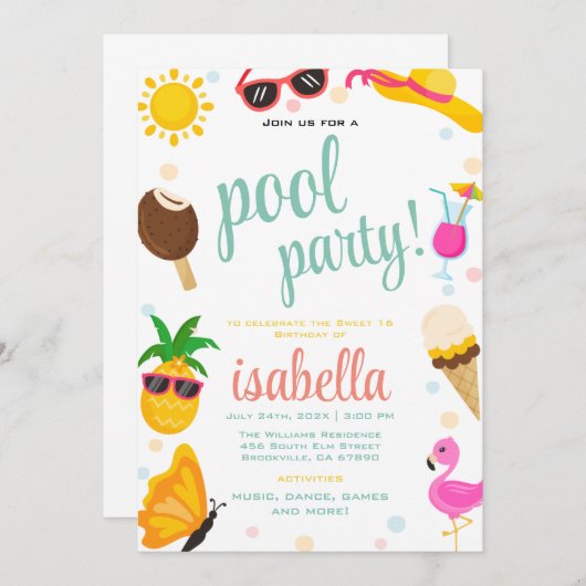 キュートクールトロピカルプールパーティー夏誕生日 招待状 (正面/裏面)