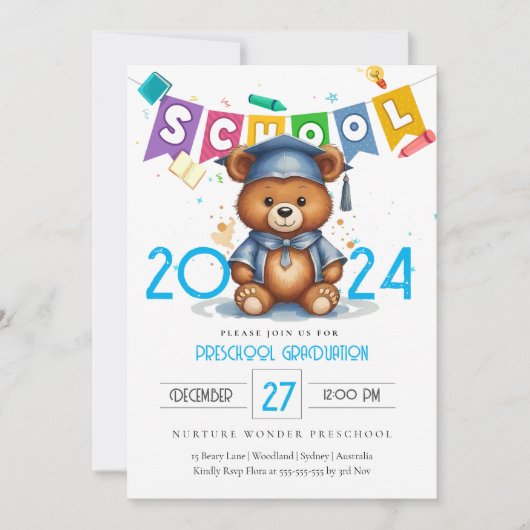 キュートグラードベアー幼稚園卒業招待状 招待状 (正面)