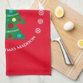 キュートグリーンクリスマスツリーお祝いホリデーレッド キッチンタオル (四つ折り)