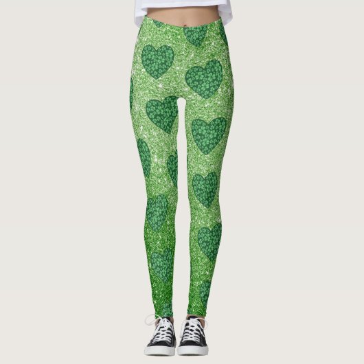 キュートグリーングリッターSt patricks dayシャムロックハート レギンス (正面)