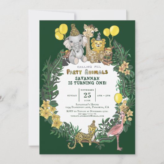 キュートグリーンサファリアニマルズ子供の誕生日パーティー 招待状 (正面)