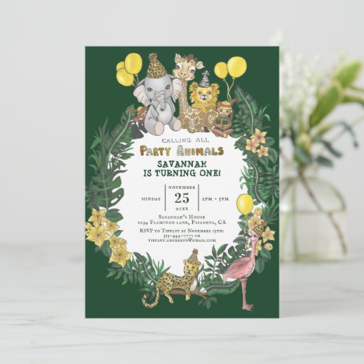 キュートグリーンサファリアニマルズ子供の誕生日パーティー 招待状 (スタンド正面)