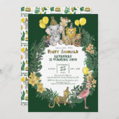 キュートグリーンサファリアニマルズ子供の誕生日パーティー 招待状 (正面/裏面)