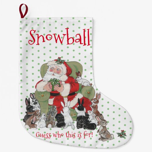 キュートグリーンサンタバニーラビットクリスマス水玉模様 ラージクリスマスストッキング (正面)