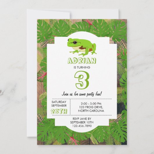 キュートグリーンツリーカエル子供の誕生日パーティー 招待状 (正面)
