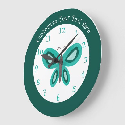 キュートグリーンティール（緑がかった色）バタフライパーソナライズされたラージクロック ラージ壁時計 (傾斜)