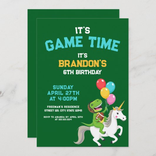 キュートグリーンディオナンスユニコーンサッカー子供の誕生日 招待状 (正面/裏面)