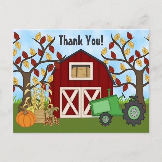 キュートグリーントラクター&バーンオータムファームサンキュー ポストカード (正面)