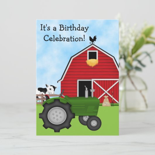 キュートグリーントラクター、レッドバーン&カウファーム誕生日 招待状 (スタンド正面)