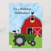 キュートグリーントラクター、レッドバーン&カウファーム誕生日 招待状 (正面/裏面)