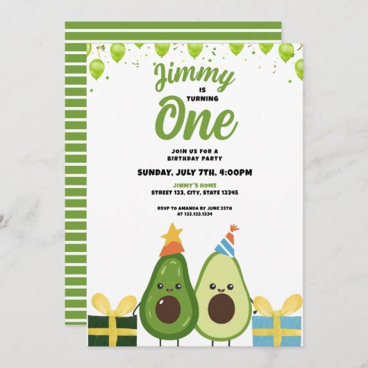 キュートグリーンフルーツアボカド誕生日 招待状 (正面/裏面)