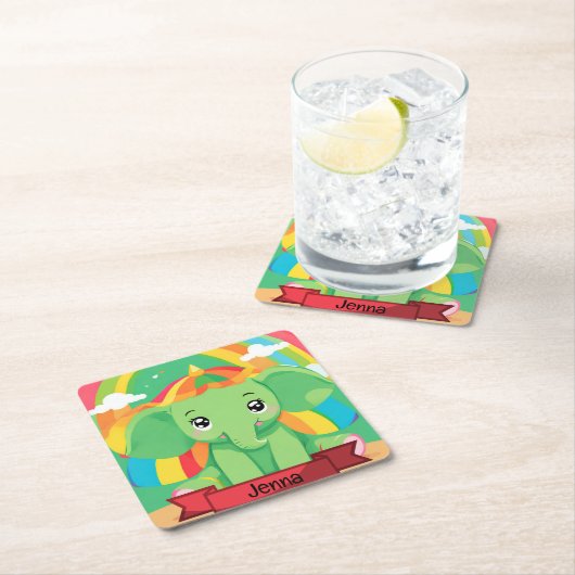 キュートグリーンベビーエレファントレインボー名前をカスタムする スクエアペーパーコースター (インサイチュ)