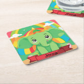 キュートグリーンベビーエレファントレインボー名前をカスタムする スクエアペーパーコースター (アングル)