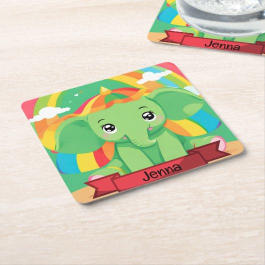 キュートグリーンベビーエレファントレインボー名前をカスタムする スクエアペーパーコースター (アングル)