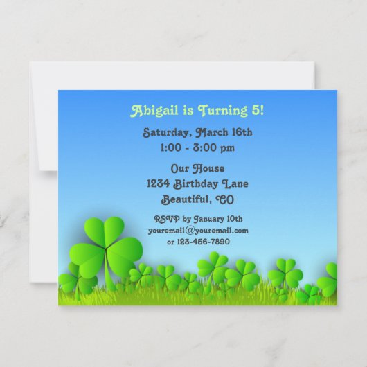 キュートグリーンポニーズセントパトリックのデイホース誕生日 招待状 (裏面)