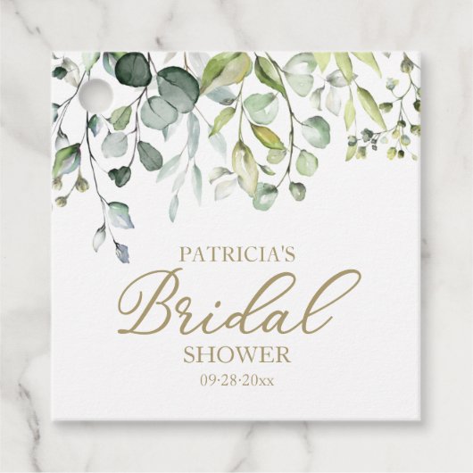 キュートグリーンユーカリプトゥスウォーターカラーブライダルシャワー フェイバータグ (正面)